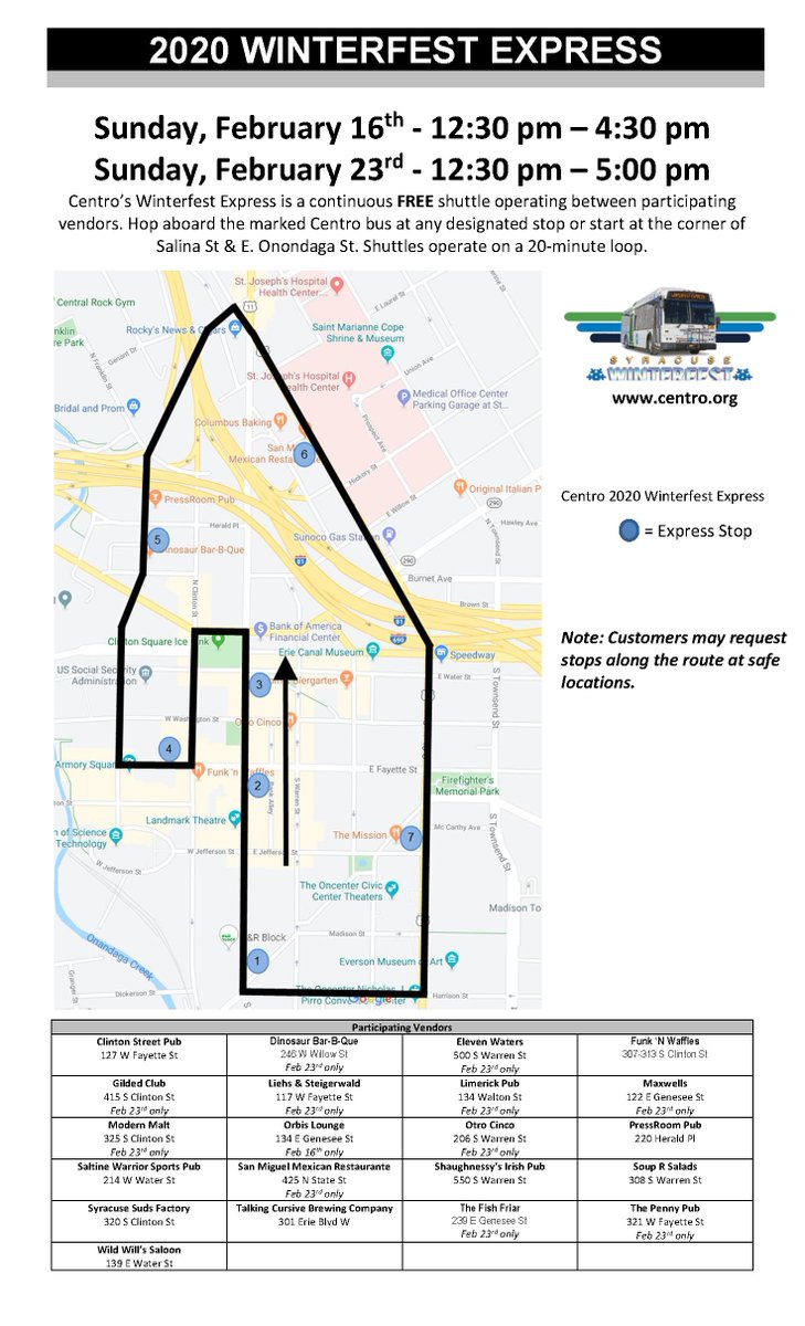 GoCentroBus's tweet photo. On Sat, Feb 15th &amp; 22nd and on Sun, Feb 16th &amp; 23rd, Centro's Winterfest Express will be providing continuous FREE shuttle service around Downtown Syracuse - transporting attendees between participating vendors. For details go to https://t.co/03qn0J2sqD #GoCentroBus #winterfest https://t.co/YyqSIc4l4P