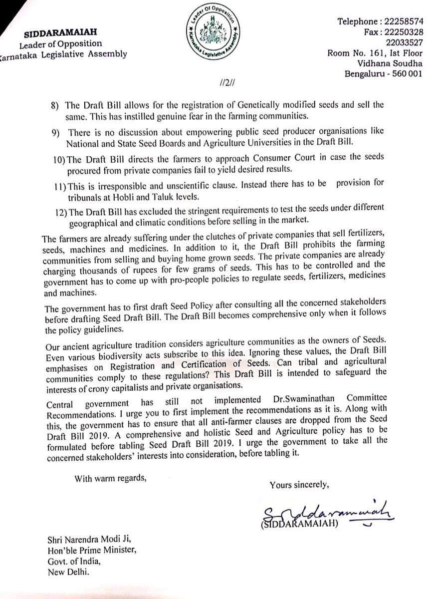 siddaramaiah's tweet photo. Draft Seed Bill 2019 is against the interests of farmers &amp; intends to ensure profits to private companies. I urge @PMOIndia @narendramodi to review the draft, hold all stakeholders meet &amp; revise the draft to help farmers.

Here is my letter to PM @narendramodi: https://t.co/GiSk31Hjdq