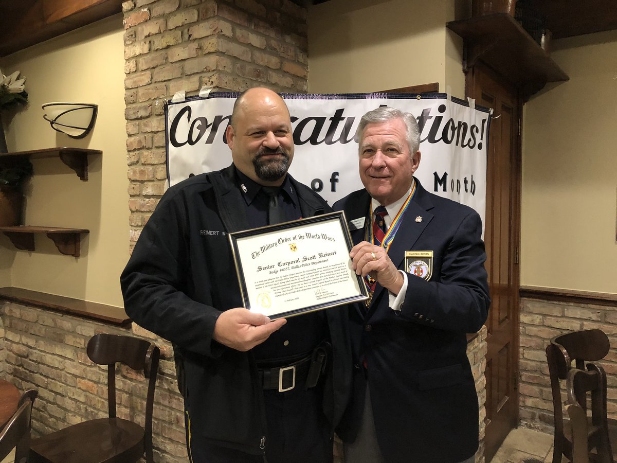 DallasPD's tweet photo. Congratulations to Senior Corporal Reinert for receiving the February #OfficerOfTheMonth award from the #Dallas Community Awards Committee. @ChiefHallDPD https://t.co/vjhRDpHB87