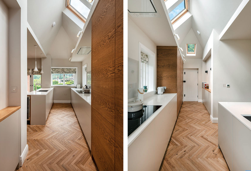 An abyss of white, floods of natural light, geometric Parquet flooring by <a href="/ListoneGiordano/">Listone Giordano</a> and hanging Aplomb pendant lights by <a href="/foscarinilamps/">Foscarini</a> make for a beautiful and contemporary kitchen in one of our residential schemes. #kitchendesign #interiordesign #yorkshirearchitects