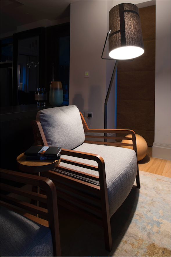The Fork Floor light by Diesel with <a href="/foscarinilamps/">Foscarini</a> casts light onto the FLAX armchair by Phillippe Nigro in one of our interior schemes. #bespokeinteriors #armchair #cosycorners #interiordesign #architecture #contemporaryfurniture #floorlamp #yorkshirearchitects #interiors