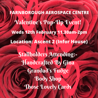 AerospaceFbough's tweet photo. Love is coming to Farnborough Aerospace Centre this Wednesday as we host our Valentine's Pop-Up Event 11.30am-2pm at Ascent 2 Reception. 4 delectable stallholders selling gifts for 'loved-ones' 💕💘💝 #popupshop #shoplocal #communityengagement #placemaking #Valentines2020 #love https://t.co/57pFW1gyQm