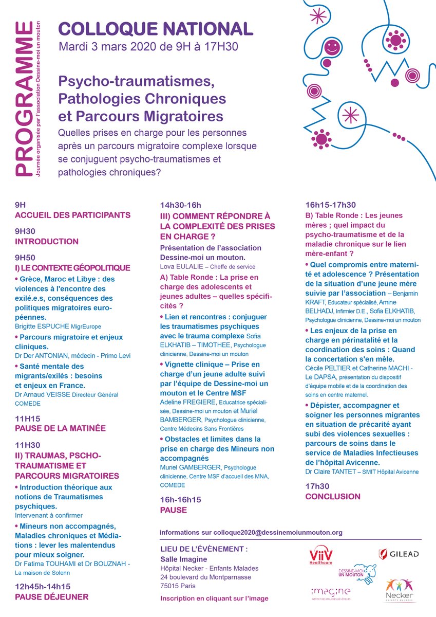 Cher Réseau, Dessine-Moi Un Mouton organise son colloque annuel le 3 mars 2020 à l'Institut Imagine - Hôpital Necker sur la thématique du "Psychotraumatisme, Pathologies chroniques et parcours migratoires". Inscrivez vous vite sur ce lien: docs.google.com/forms/d/e/1FAI…