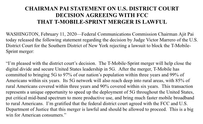 I’m pleased that a federal court has approved the @TMobile/@sprint transaction. Post-merger, the company has committed to bringing #5G to 99% of Americans within 6 years. The deal will also put critical mid-band spectrum assets to use. This is a big win for American consumers.