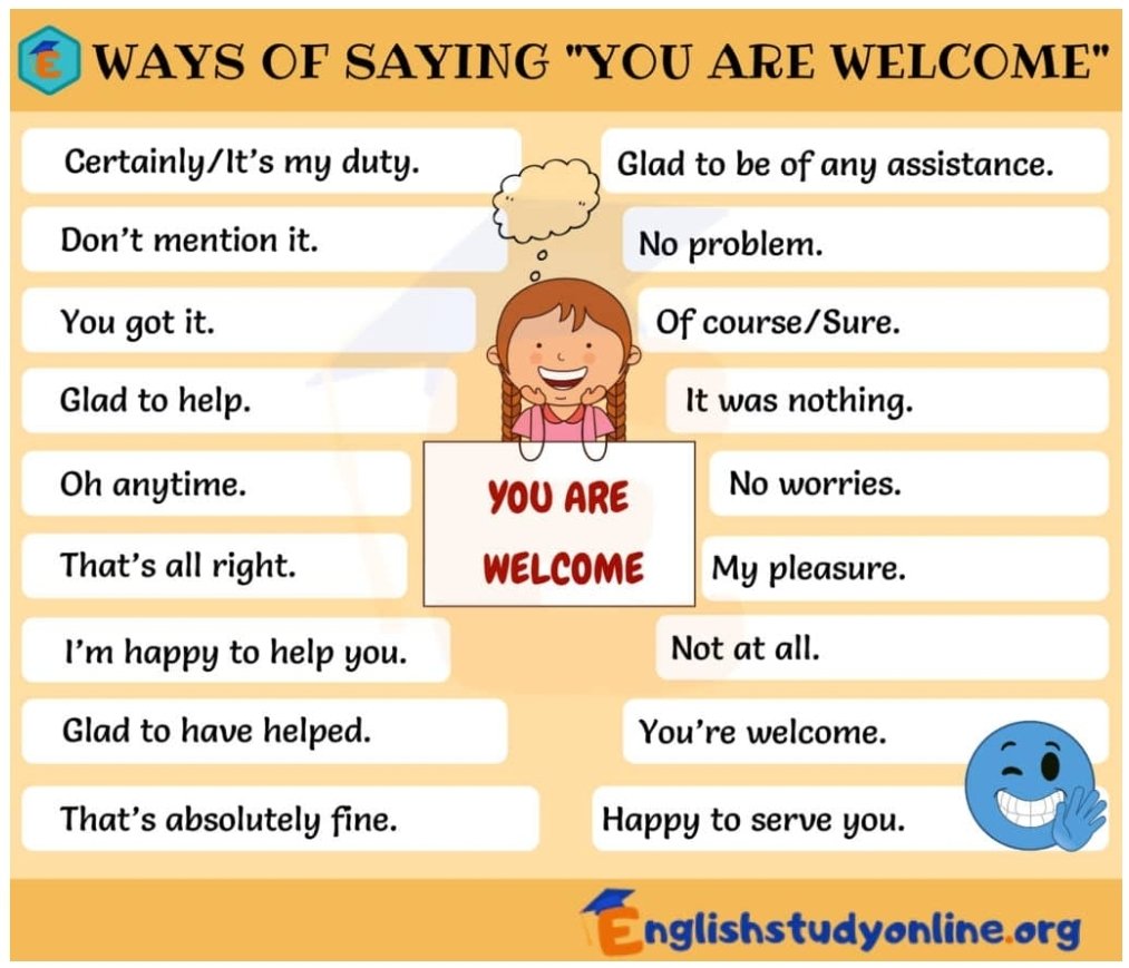 axdwin's tweet photo. Ways of saying "you're welcome" (⬅️ARTIKAN kalimat ini dengan menggunakan Bahasa Indonesia yang baik dan benar) 😊😁👍

Mohon RETWEET-nya guys supaya sore ini kita semua bisa bahagiaaa 😊😊😊😊😊

THAAANK YOUUUUU

#IndonesianEnglishTweeting https://t.co/IYHZY2ShIM