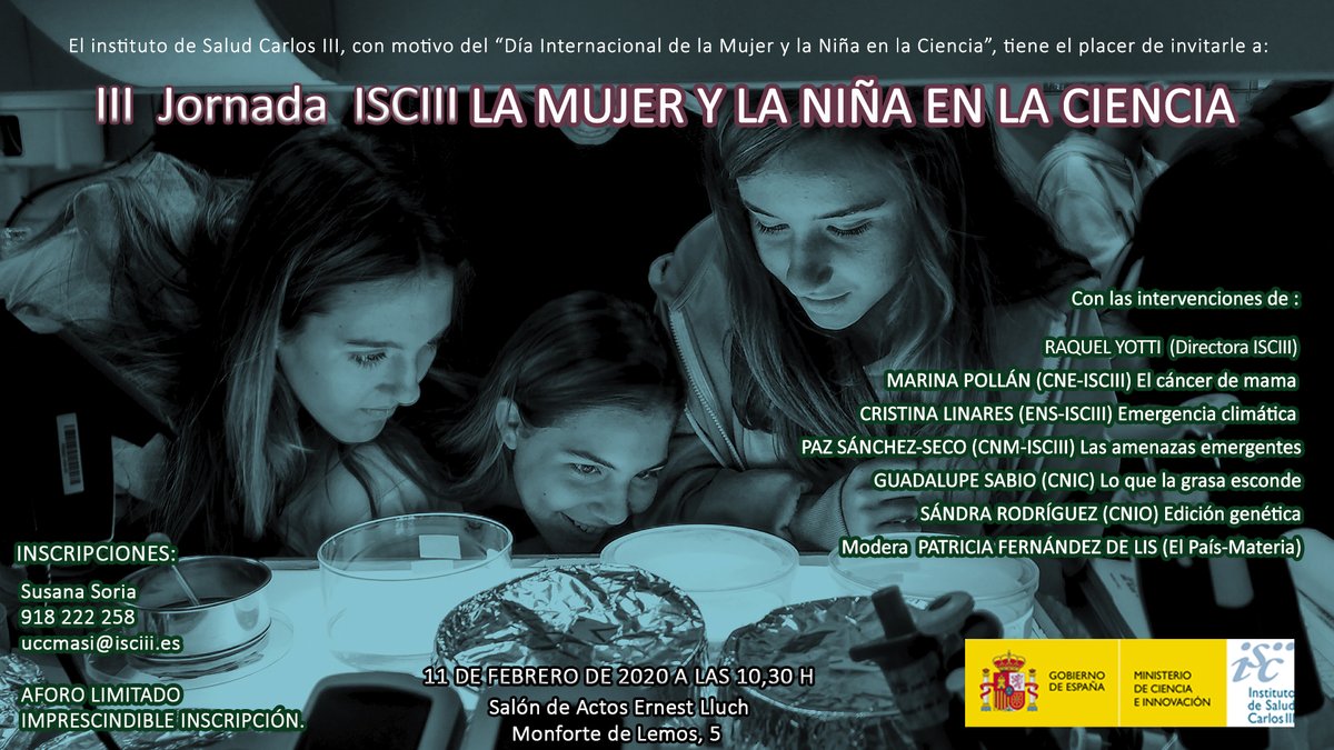 📌 En 5 minutos comienza en el #ISCIII la jornada de divulgación científica organizada por el #DíaMujeryNiñaenCiencia.

💻 Puedes seguir el acto en directo desde #NoticiasISCIII 👉 bit.ly/37hhDSo