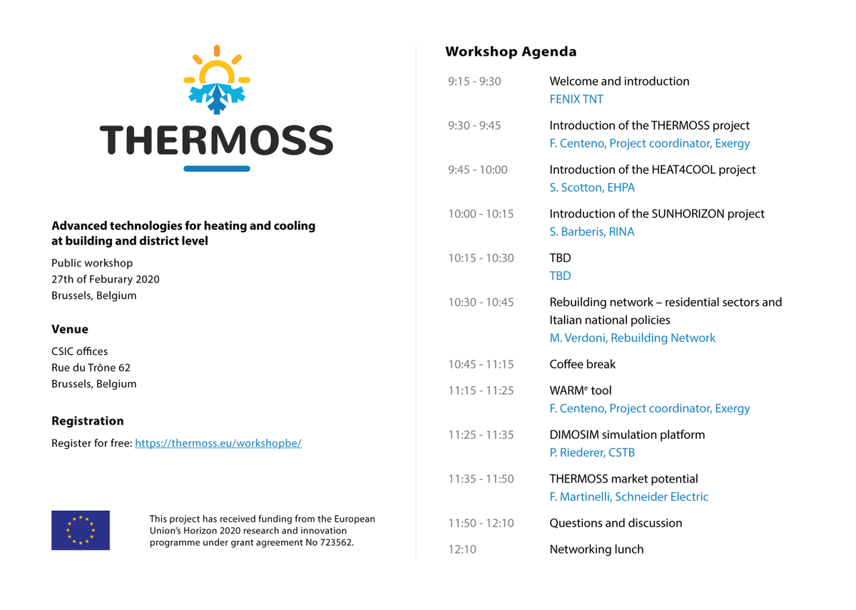ThermossEu's tweet photo. Joins us for the #Thermoss public workshop on 27th of February in Brussels! 🇧🇪 We are excited that our partners from @Heat4Cool_H2020  and @SunHorizonEU will participate and introduce their projects there! Find the free registration and full agenda 👇

https://t.co/V797SHepZG https://t.co/RgLL7N3IAj