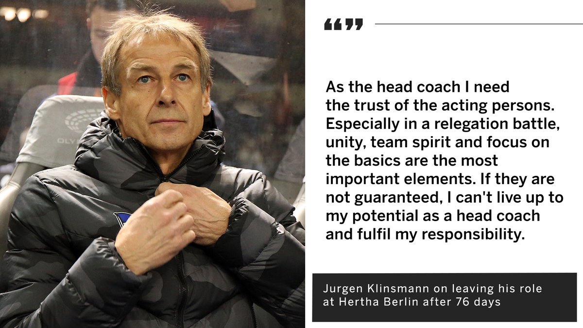 ESPNFC's tweet image. BREAKING: Jurgen Klinsmann has left his role as Hertha Berlin head coach after 76 days in charge.

He won just three of his 10 matches in charge.