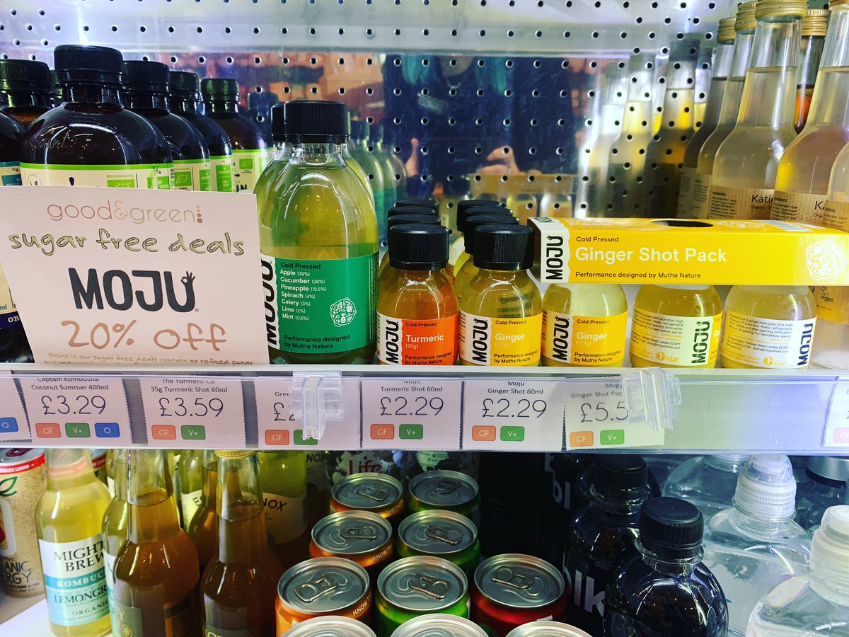 goodgreenshop's tweet photo. @MojuDrinks’ juices + shots contain #coldpressed fruits + veggies packed with goodness! 🍏🥬🍍 Green Edition w/ leafy greens + a tropical hit of pineapple, #Ginger juiced straight from the root + #Turmeric w/ #antiinflammatory properties ✨ They’re 20% off this #SugarFreeFeb! https://t.co/RP1BdlEx6G