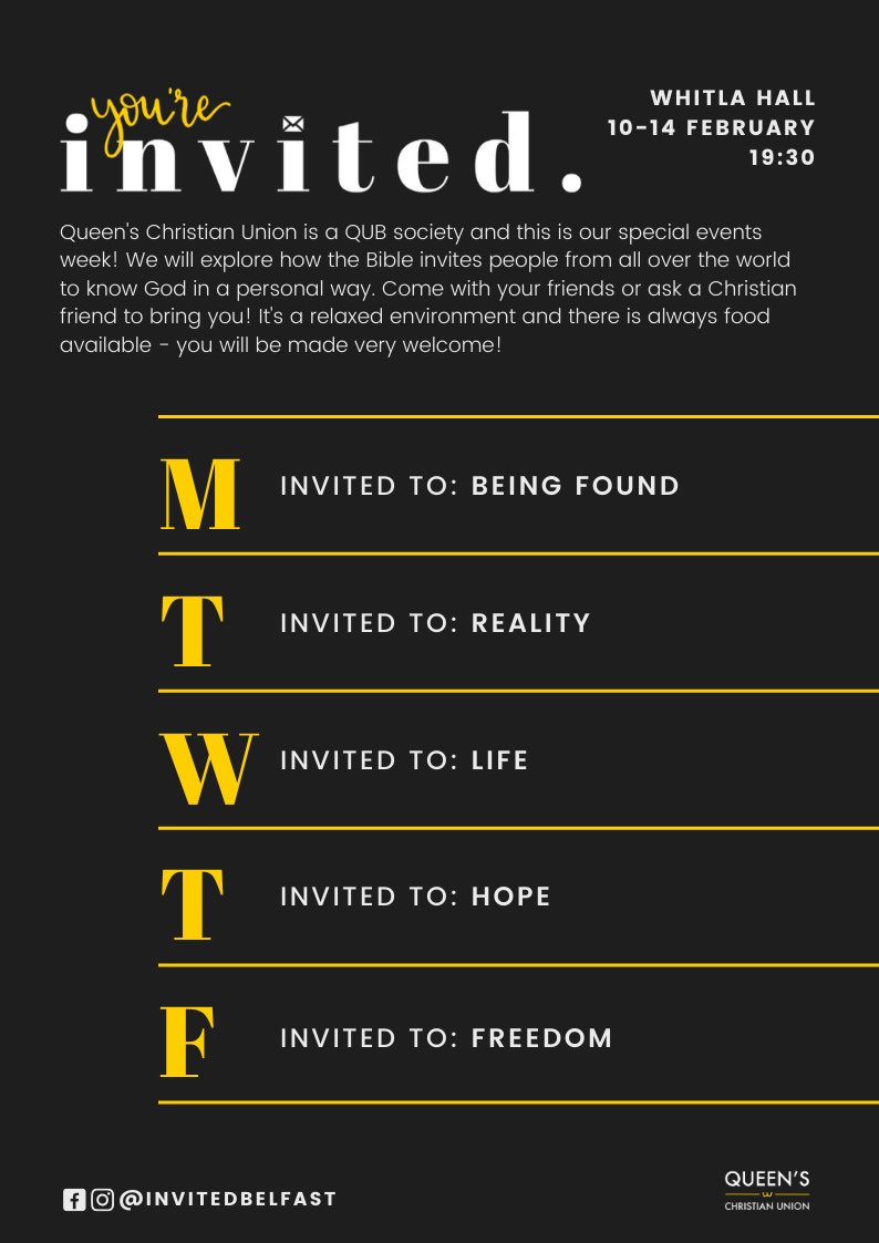 First day done at our events week ‘Invited’. Please pray for:
Our speaker Dave Jensen
Our events at lunchtime/evening
Each student we encounter and engage with through Streetreach/Talkshop
That the Gospel is proclaimed, that God will be at work and reconciling people to Himself.