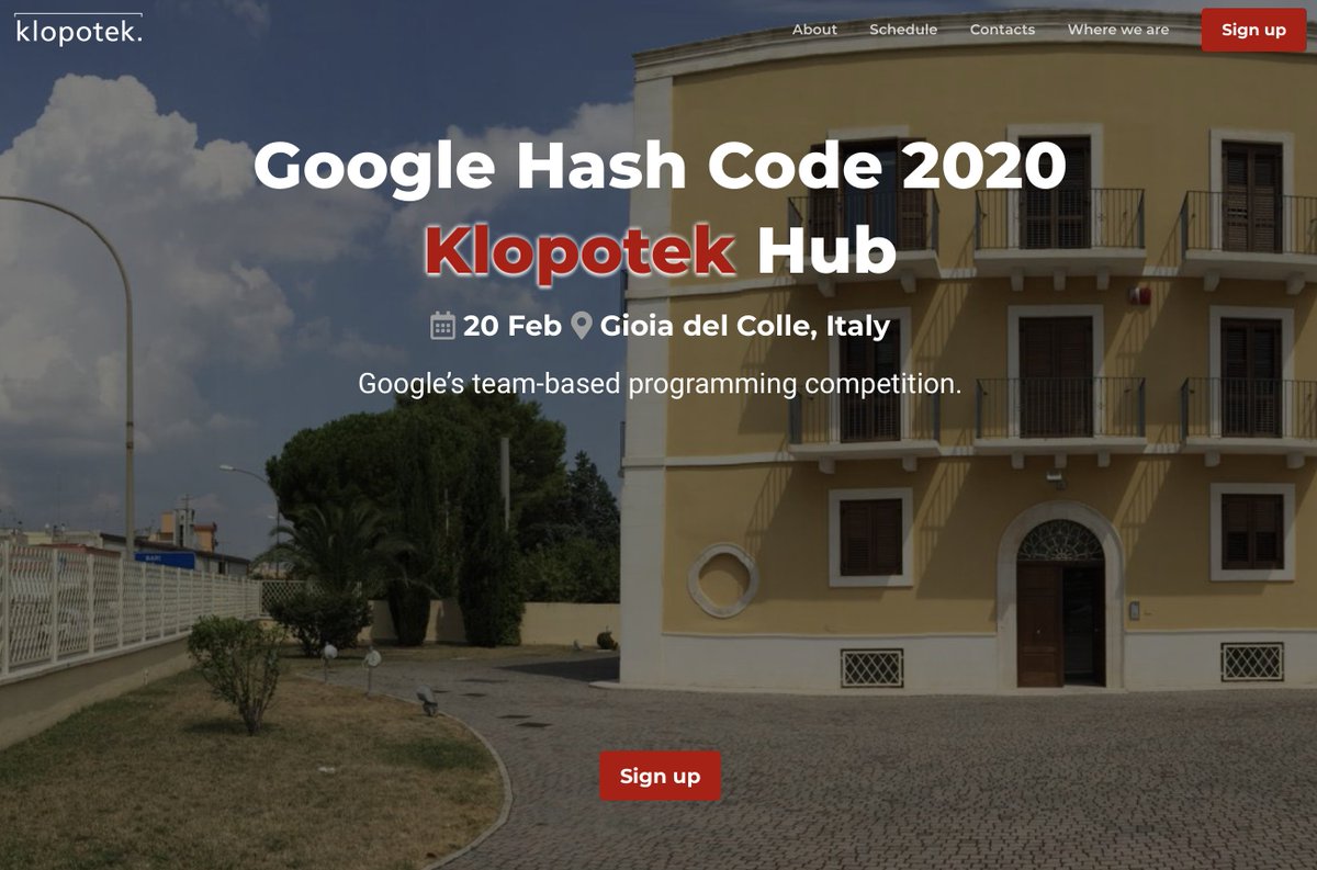 Klopotek_GmbH's tweet image. Join the @Klopotek_AG Team in #Italy ( Gioia del Colle - #Bari ) to compete together at the #GoogleHashCode2020 event! We invite you to our office - free coffee included - All info on this website: klopotekhashcode2020.github.io