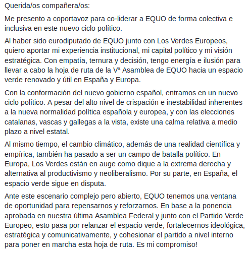 fmarcellesi's tweet photo. Querida/os compañera/os:

En @Equo elegimos este mes a nuestra nueva Comisión Ejecutiva para los dos próximos años.

Me presento a coportavoz para co-liderar a EQUO de forma colectiva e inclusiva en este nuevo ciclo político. 

El futuro es verde. El presente también. 👇 https://t.co/LPSK6u1SEc