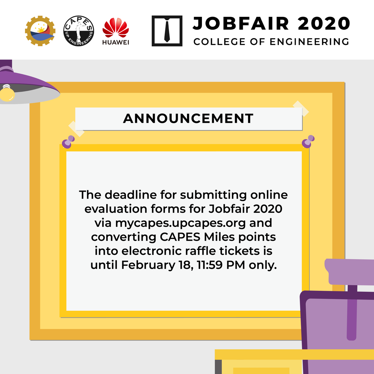 UPCAPES's tweet photo. The deadline for submitting online evaluation forms for Jobfair 2020 via https://t.co/xVm8Eft2ZM and converting CAPES Miles points into electronic raffle tickets is until February 18, 11:59 PM only.
#EngineeringtheFilipinoFuture https://t.co/Q8257IVSh1