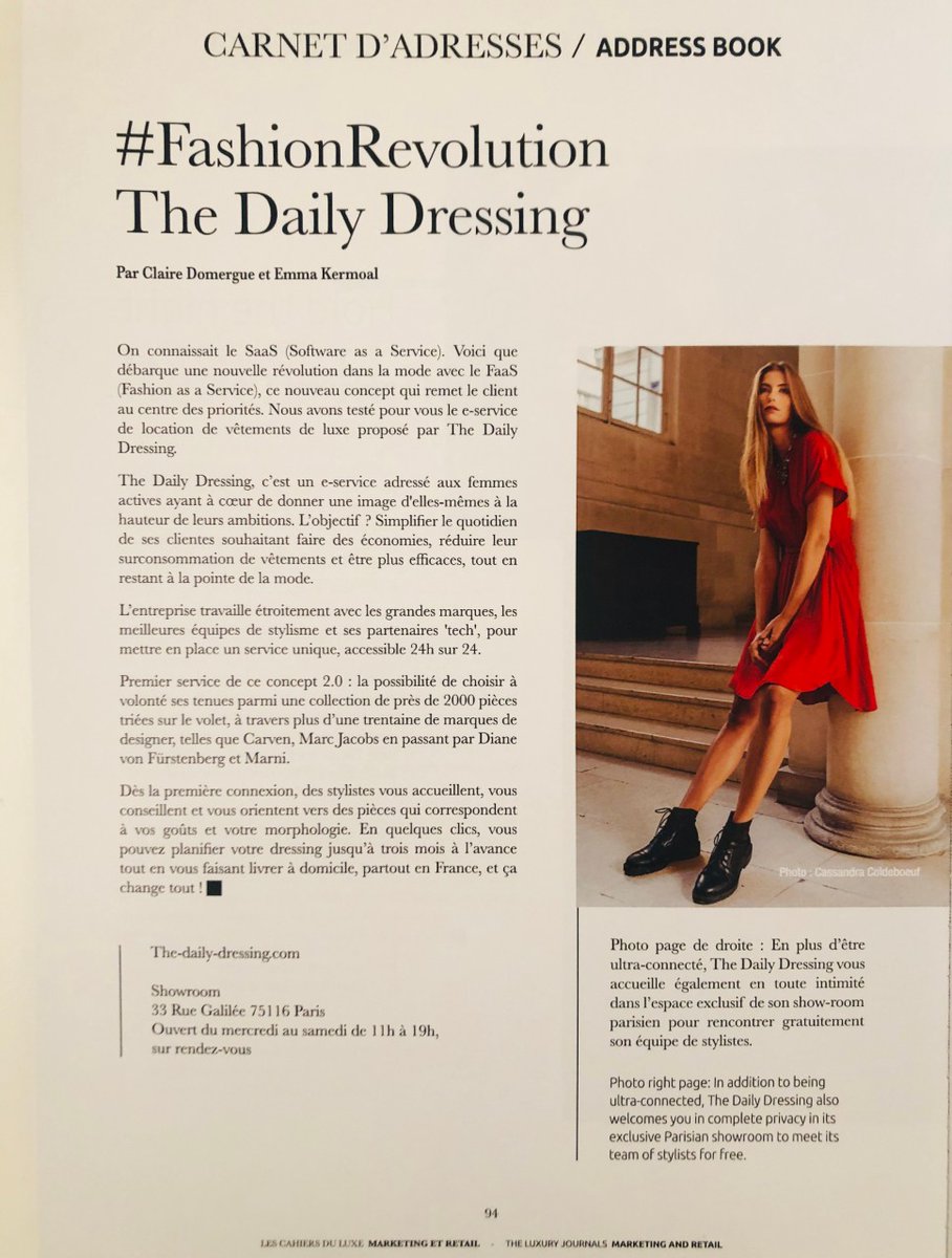 DailyDressing's tweet image. Après le SaaS, on vous présente le FaaS (Fashion as a Service) ! Merci à @luxusplus et à @ClaireDomergue  de faire figurer The Daily Dressing dans le carnet d'adresses de son numéro spécial des Cahiers du Luxe
#fashionRevolution #Luxe #service
bit.ly/2ShNGh9