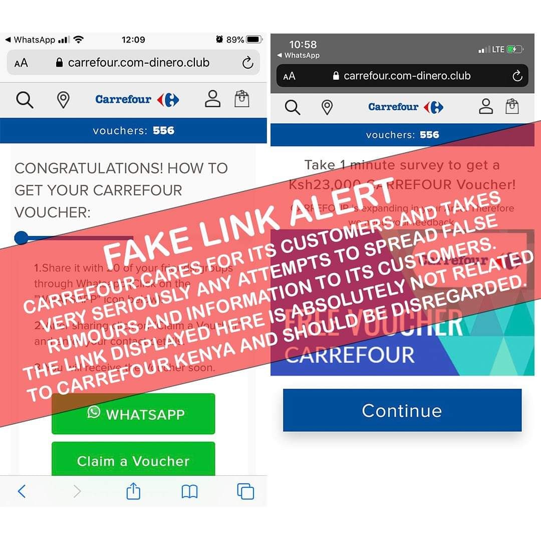 CarrefourKe's tweet photo. FAKE VOUCHER LINK ALERT:

It has come to our attention that a suspicious link is in circulation on several media channels such as WhatsApp. The voucher displayed below is absolutely not related to Carrefour Kenya and should be disregarded. https://t.co/nzLXjninAo