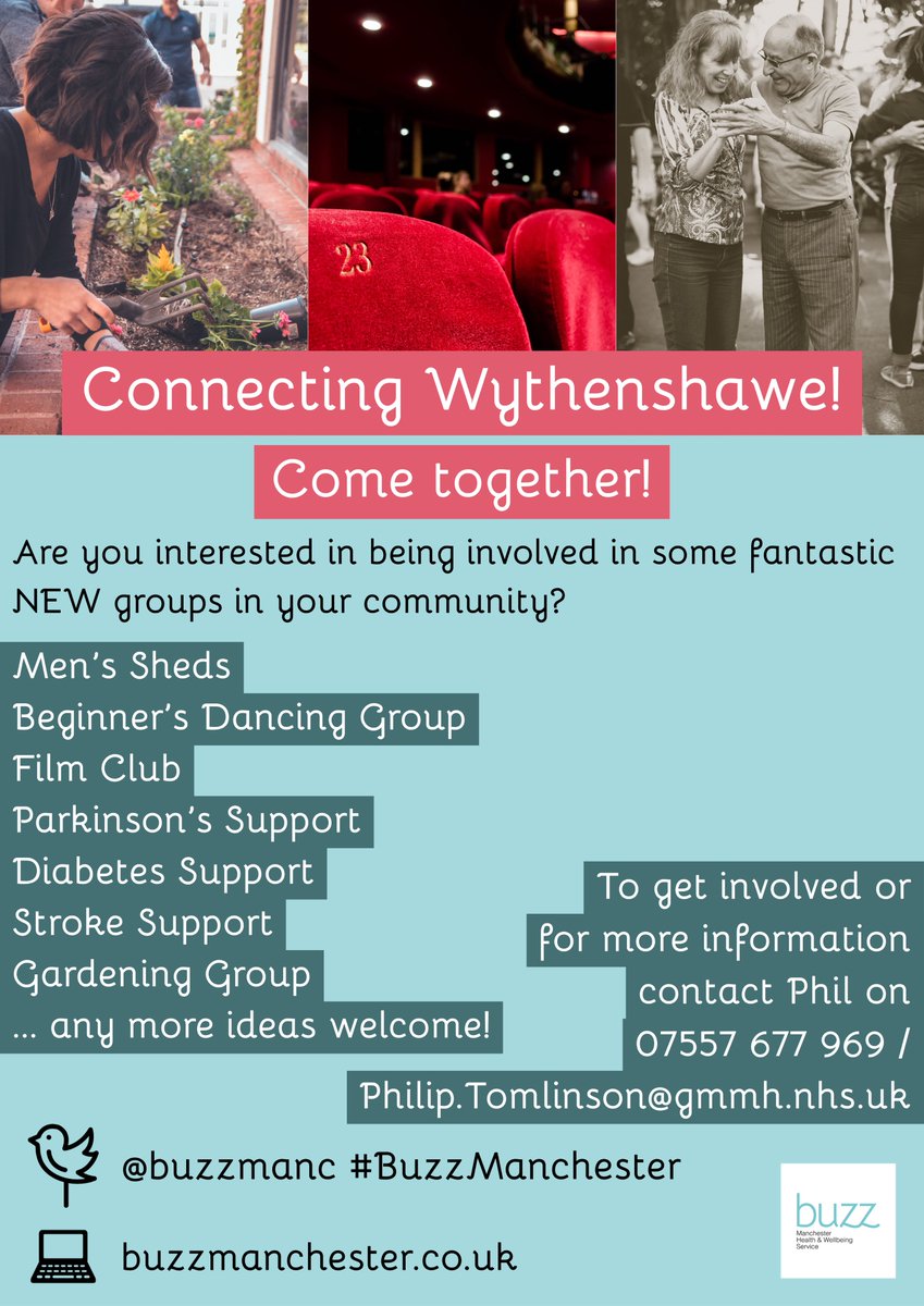 buzzmanc's tweet photo. ✨⭐️🌟 Calling all Wythenshawe residents! 🌟⭐️✨ There's so many new community groups for you to get involved in &amp; meet new people! Film club 🎞️ Dancing group 👯‍♀️ Gardening group 👨🏾‍🌾 …. or make your own! For all the info contact Phil Phillip.Tomlinson@gmmh.nhs.uk or 07557 677 969 https://t.co/d7Z6oKz4EV
