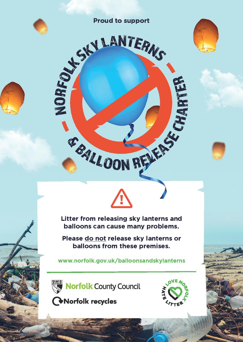 SwantonClerk's tweet photo. We are proud to announce that we have signed up to the Norfolk sky lanterns and balloon release charter issued by Norfolk County Council and have adopted a policy preventing the release of either lanterns or balloons from the village hall. https://t.co/bHfEpcbLbc