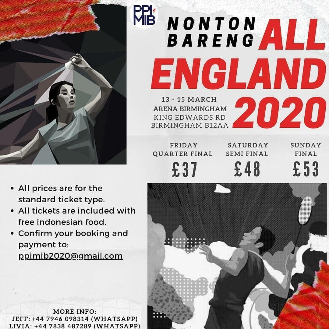 Biar ga garing dan bisa duduk bareng masyarakat #Indonesia utk sama-sama dukung tim <a href="/INABadminton/">BADMINTON INDONESIA</a> bertanding di #AllEngland2020, yuk kita pesan tiket kolektif melalui <a href="/PPIMIB/">PPI-Birmingham</a>
! Dapet merchandise supporting juga lho! Pasti seru deh.. IN-DO-NE-SIA!! 🏸🏸 #IniDiplomasi