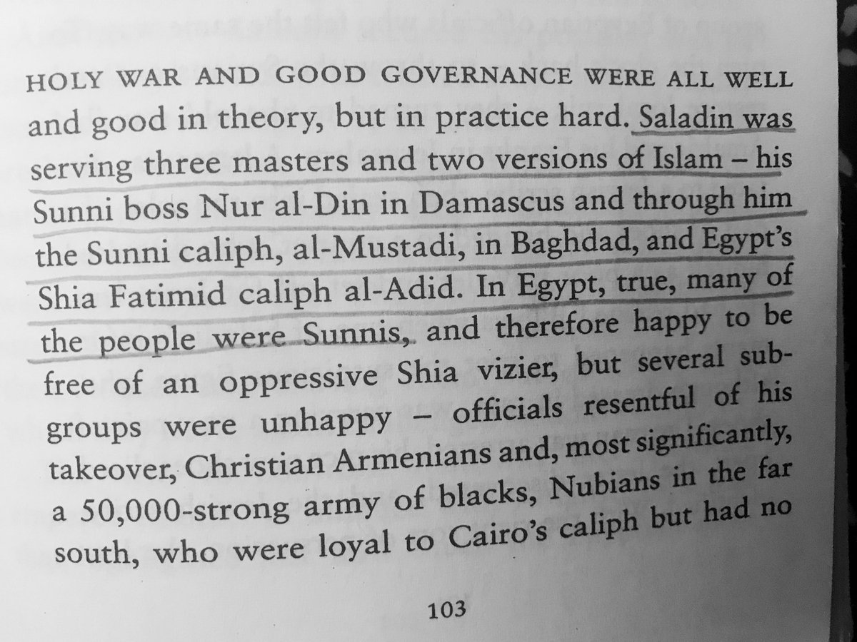 “At the age of 31, Saladin was serving three masters, two Abbasid Sunnis and one Fatimid Caliph in Cairo. In Egypt many of the people were Sunnis, but a 50,000 strong army of Nubians had no love for the new foreign ruler.” #SaladinBiography authored by John Man  #100books2020