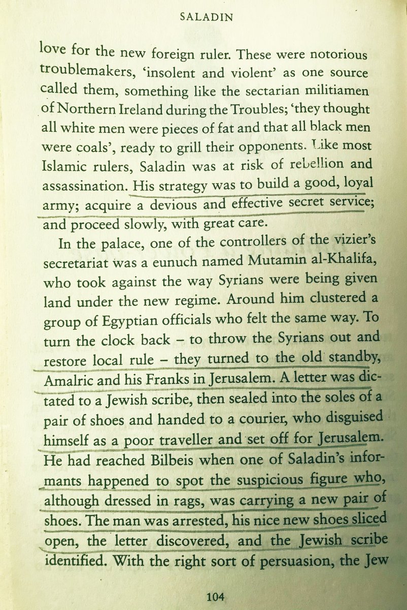 “In a rebellious move against Saladin, his opponents dispatched a courier to Jerusalem, who was disguised as a poor traveler but was carrying a new pair of shoes with a letter hidden inside; thus he was caught by Saladin men.” #SaladinBiography authored by John Man  #100books2020