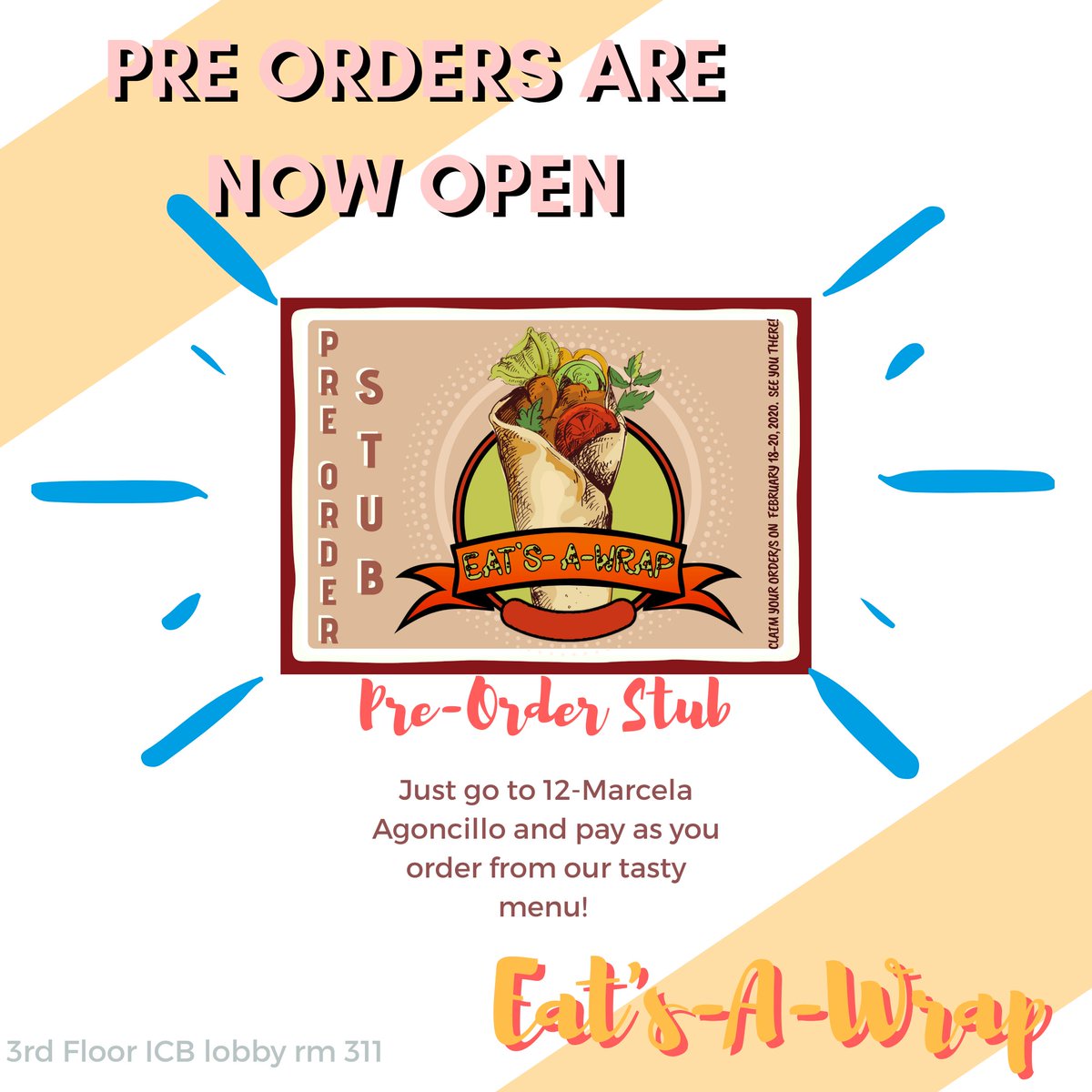 _EatsAWrap's tweet photo. ANNOUNCEMENT WRAPPERS!

Don't want to wait in line? We got you! PRE ORDER AT EAT'S-A-WRAP TOMORROW! Just go to 12-Marcela Agoncillo and pay as you order from our tasty menu! You won't regret it 😋 https://t.co/EW6OGXVGB7