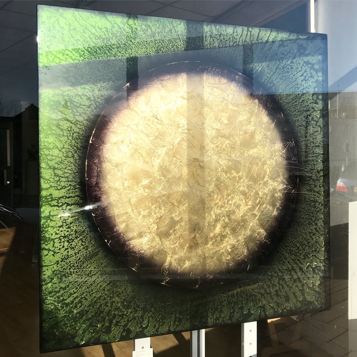 The epic 'Verde Gold Leaf' from Russell Hatton beaming in the sunshine. A mix of candy paints on aluminium . #cliftonfineart #bristol #gallery