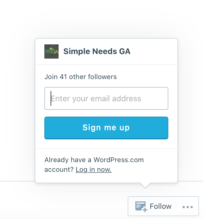 SimpleNeedsGA's tweet image. Follow our blog by going to the bottom of any post at simpleneedsga.org, moving your mouse around in the lower-right corner of the screen, and clicking the 'follow' button when it pops up. Right now we only have 41 followers!