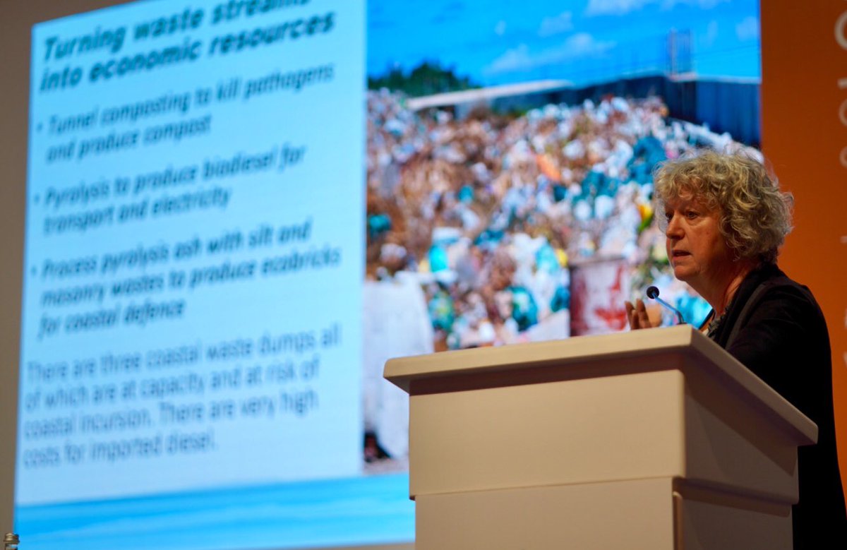 sixthPUF's tweet photo. Turning #waste streams into economic #resources. Dr Jane Stanley from @earophaustralia presents the work done in Kiribati to promote a #green and #blue economy. @WUF_10 #sdg11 #sdg14 #sdg15 #circulareconomy https://t.co/MVuupVbQ2P