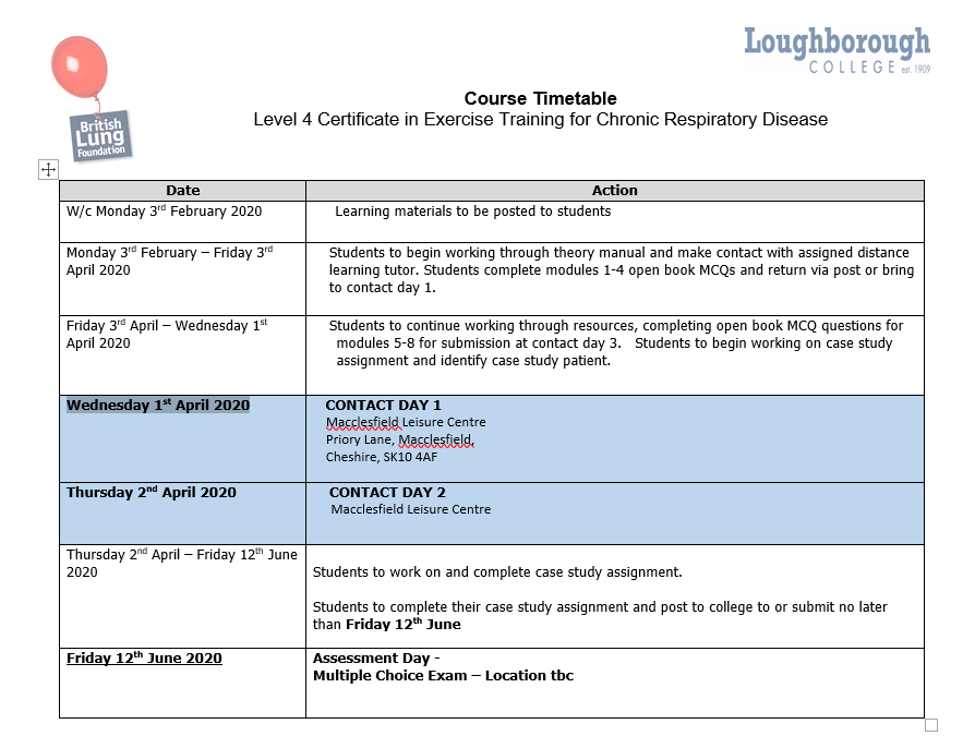 LboroCOPD's tweet photo. Here is the our course schedule for our Cheshire based course - contact days in Macclesfield, applications still open!  May be of interest @RehabStockport @stockportcopd1 @lifeleisureUK @CRT_mft  @lunguk #pulmonaryrehab https://t.co/fa6Fhriv7n