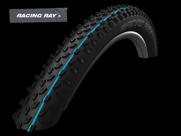 SCHWALBE Racing Ray.
The front wheel specialist. The completely new, extra aggressive XC profile paired with the versatile Addix Speedgrip compound makes Racing Ray an XC weapon and an ingenious addition to Racing Ralph.