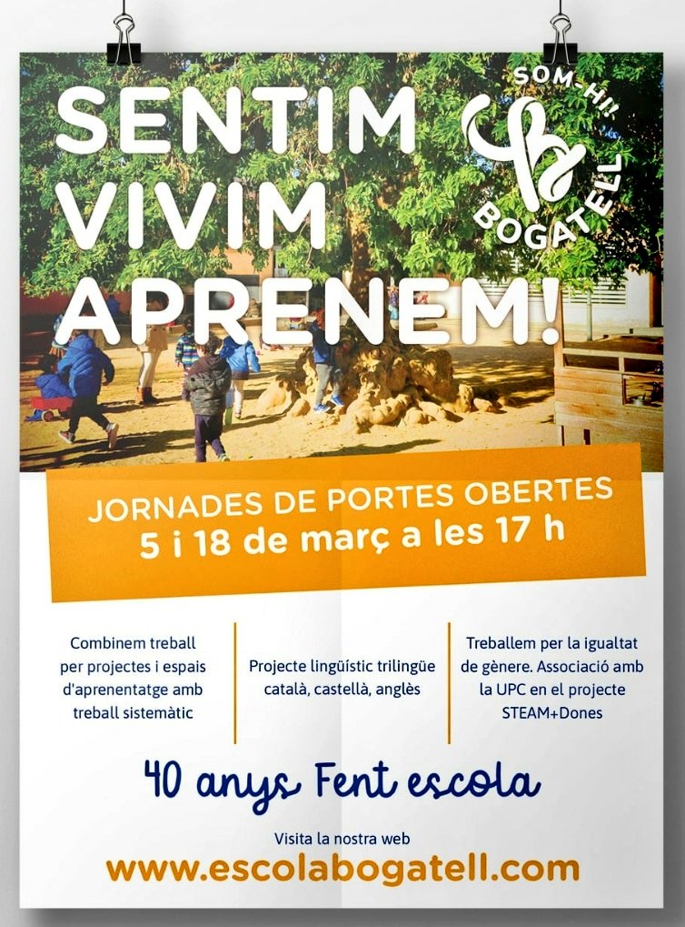 escolabogatell's tweet photo. Les dates per les Jornades de Portes Obertes de l'escola són el 5 i el 18 de març de 2020 a les 17:00h. Veniu a visitar-nos. Us esperem!! https://t.co/hjJutxpFxB