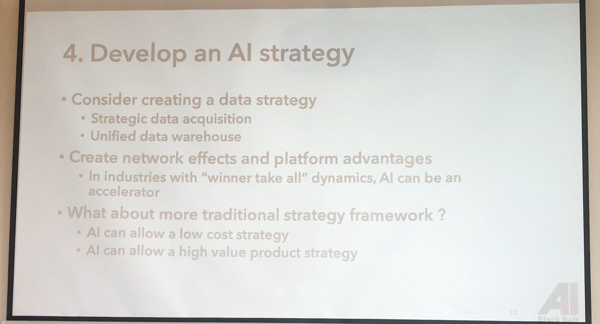 Quelques pistes pour élaborer une stratégie d’intelligence artificielle #ia dans votre entreprise. Slide intéressante de la formation @AiBlackbelt chez @BeCentralBxl ! #intelligenceartificielle