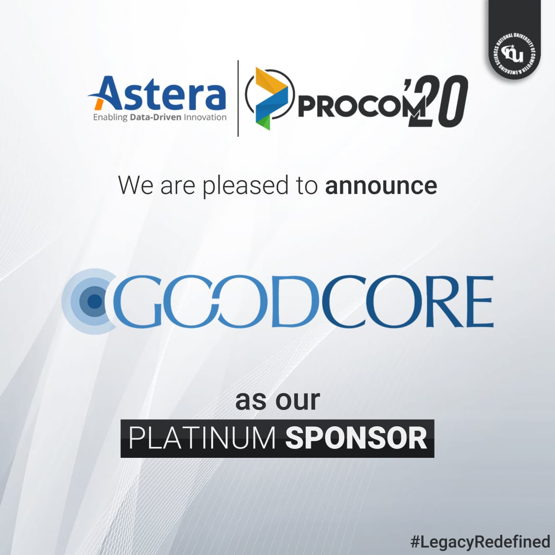 procom2022's tweet photo. Team PROCOM feels the utmost pleasure while presenting to you ‘GOODCORE’ as its Platinum sponsor.
Thank you for coming on board and helping us in aspiring tech connoisseurs through PROCOM’20.
#LegacyRedefined
#JoinTheHype
#Procom2020 https://t.co/aE8oDkUvCa