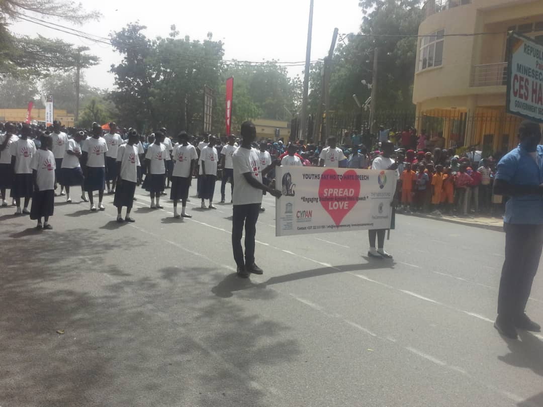 loyocameroon's tweet photo. We joined the National Youth Day celebration by matching with @defyhatenow T-shirts through secondary schools in the Far North Region to sensitise &amp; curb hate speech &amp; crimes in schools.
@mundo_negro @SFCG_ @UNDP @GlobalCtr @StopFundingHate
#Nohatespeechinschools #Act4peace237 https://t.co/seck88kjnF