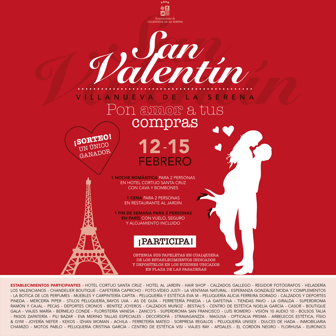aytovvaserena's tweet photo. 💖"Pon amor a tus compras" 💓
🗓 Del 12 al 15 #SanValentin en @comerciovva 
🎫 Pide tus papeletas en los establecimientos adheridos,
🎰 y participa en el fabuloso sorteo de:
🏩 Noche romántica en @HotelCSC 
🍽 Cena para 2 en @HotelAlJardin 
✈ Fin de semana para 2 en París💕 https://t.co/mbX4asgbkW