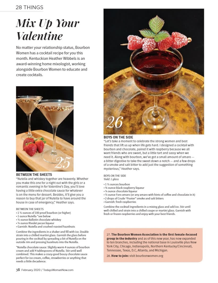 Mix up your Valentine! Bourbon Women's "cocktail contessa" Heather Wibbel's Valentine's Day cocktails are a hit in the latest @todayswomannow issue!