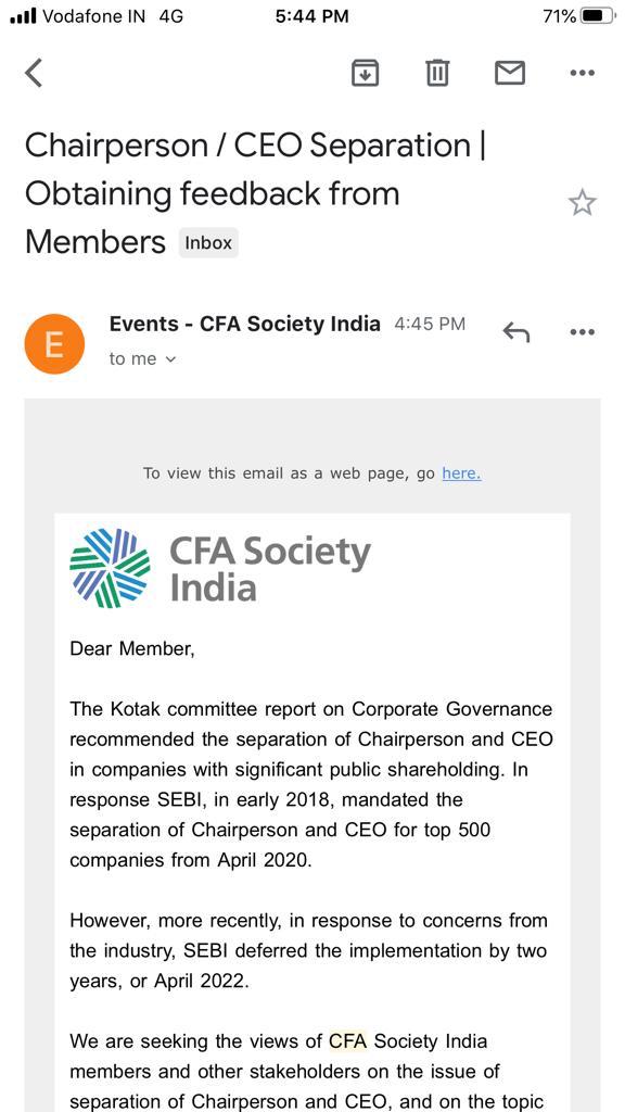 sivananthcfa's tweet photo. Calling for CFA members in India ... please participate in our survey on separation of the Chairperson / CEO roles in listed companies. We are counting on you to make investors’ voice heard! https://t.co/RlOrTkUHIu