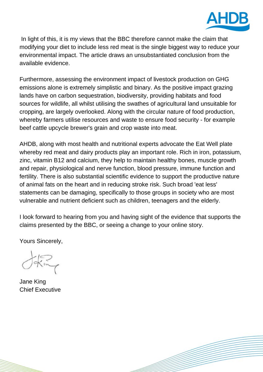 TheAHDB's tweet photo. We have sent a letter to the BBC, challenging them on a claim made in an online article - “The single biggest way to reduce your environmental impact on the planet is to modify your diet to include less meat.” 

Read the full letter, here 👇 https://t.co/VRd59Gaywk