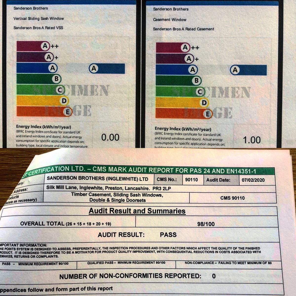 SandersonBroLtd's tweet photo. We’d like to thank our friends over @CENSolutionsLtd who came and audited us to make sure our practices where correct for our energy ratings and PAS 24. We are happy to say we PASSED! With 98/100! Meaning with our windows and doors your house will be energy efficient and secure! https://t.co/F6px8N5C4I