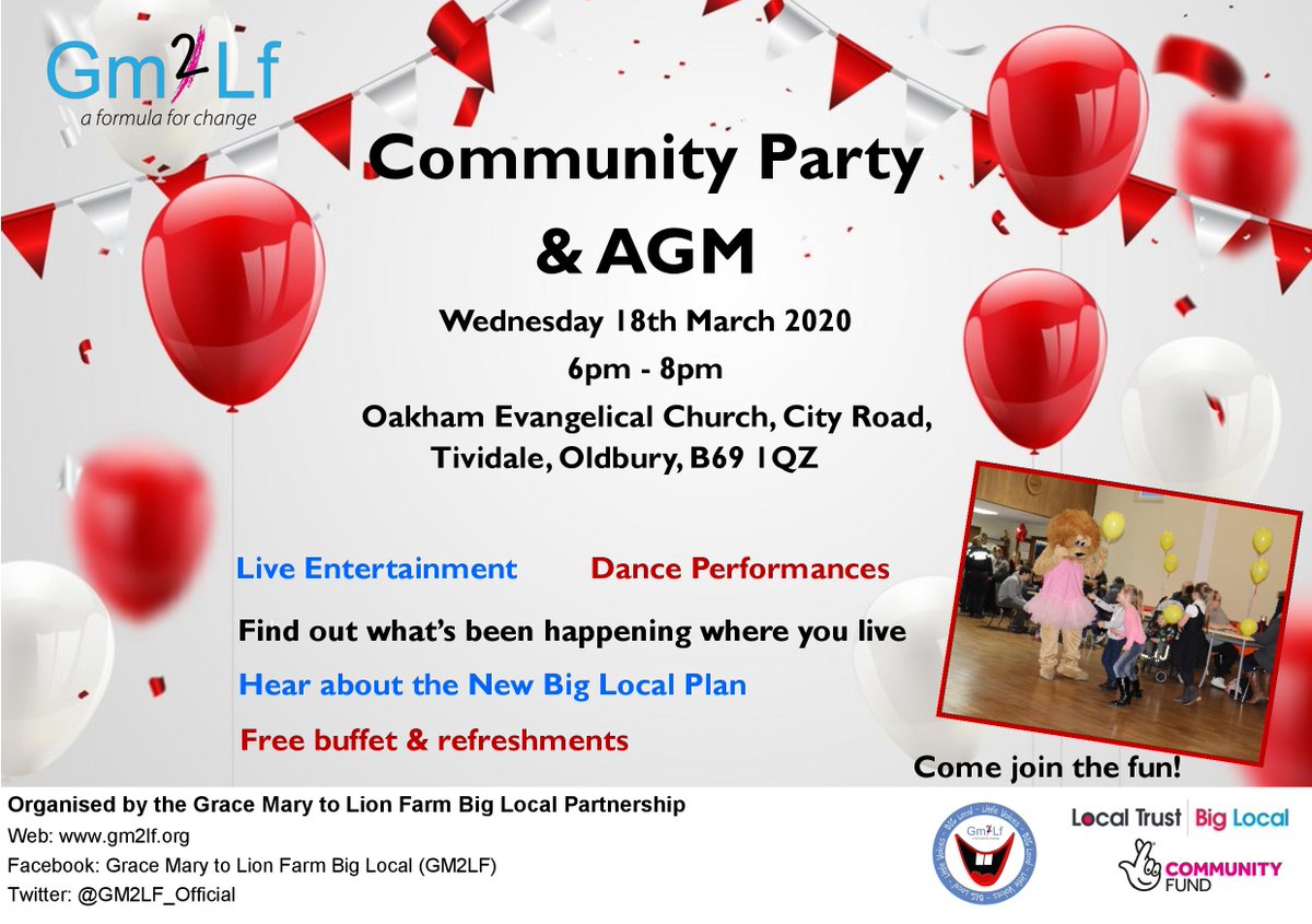 Date for your diary!  Don't miss our 5th Community Party &amp; AGM on 18th March 2020, 6pm - 8pm <a href="/oakhamchurch/">Oakham Church</a> <a href="/TracysMemories/">Tracy Lowe</a> <a href="/BLLV_GM2LF/">Big Local Little Voices GM2LF</a> <a href="/LocalTrust/">Local Trust</a> <a href="/Chris_Compass/">ChrisRivera86</a> #biglocal #agm #communityparty