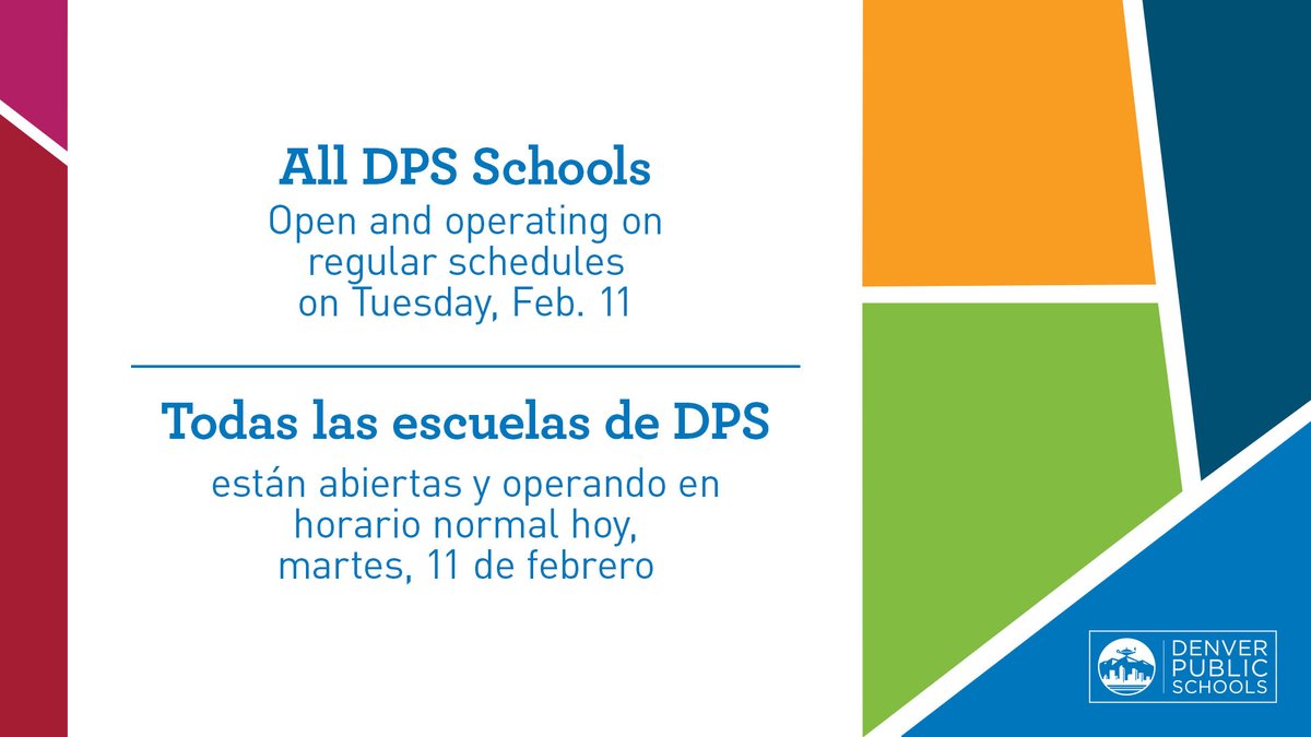 dps_k12's tweet image. Conditions have improved this morning, and all DPS schools are operating on a normal schedule today, Tuesday, Feb. 11. We do expect there could be some bus delays, given the travel conditions, and we ask that everyone be safe and please allow for extra time in getting to school.