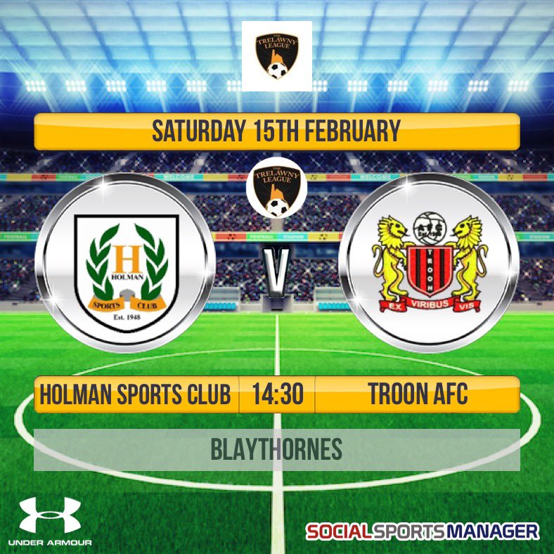 OfficialTroon's tweet photo. ⚽️SATURDAY 15TH FEBUARY⚽️
It’s the big one! We travel to Blaythornes as we face @HolmansFootball in a massive derby match.  1st Vs 2nd, we’re in for a classic..  #derbyday 
⚫️🔴⚫️🔴2.30 KO⚫️🔴⚫️🔴 @TrelawnyLeague #cornishfootball https://t.co/LnZiP4EHnX