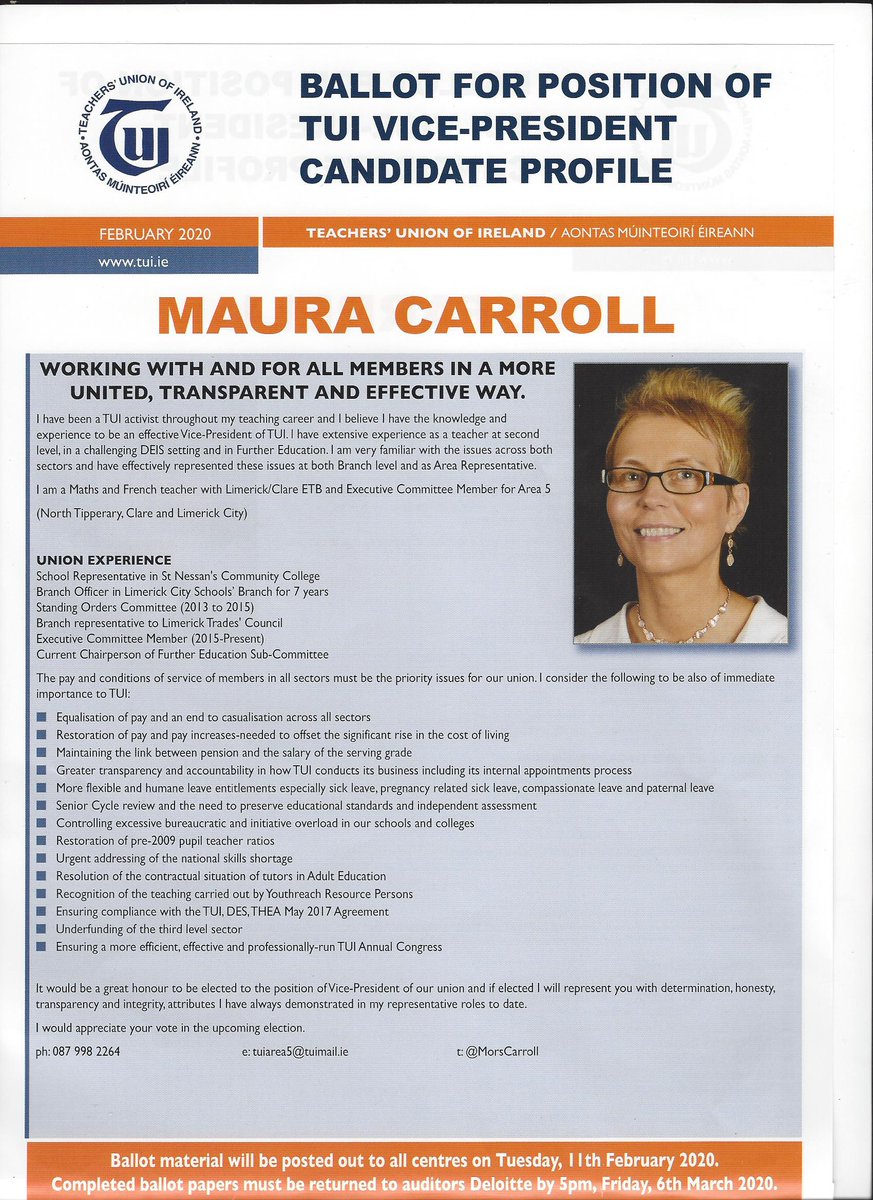 MorsCarroll's tweet photo. Ballot papers for the election of TUI Vice-President will be in schools/centres from tomorrow. I would be most appreciative of your vote. I stand for proper governance &amp; financial probity at TUI. I stand for transparency &amp; accountability in how TUI conducts its business. Thanks. https://t.co/e7ZAf6GGby