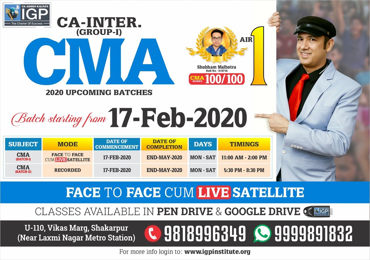 igpclasses's tweet photo. 📣 New #Batches for #CMA (#CA_Inter Group-1) with #CA Ashish Kalra Sir
📌 starting from 17th Feb'2020

Enroll Today ✅

For more Info :
Call : 9818996349, 9999891832 🤳
Visit : https://t.co/y0y9s2gbNU 

#cmastudents #CAintermediate #CAashishkalra #igpclassesca #IGP #CA #CS #ICMAI https://t.co/dbZ9zluc0P