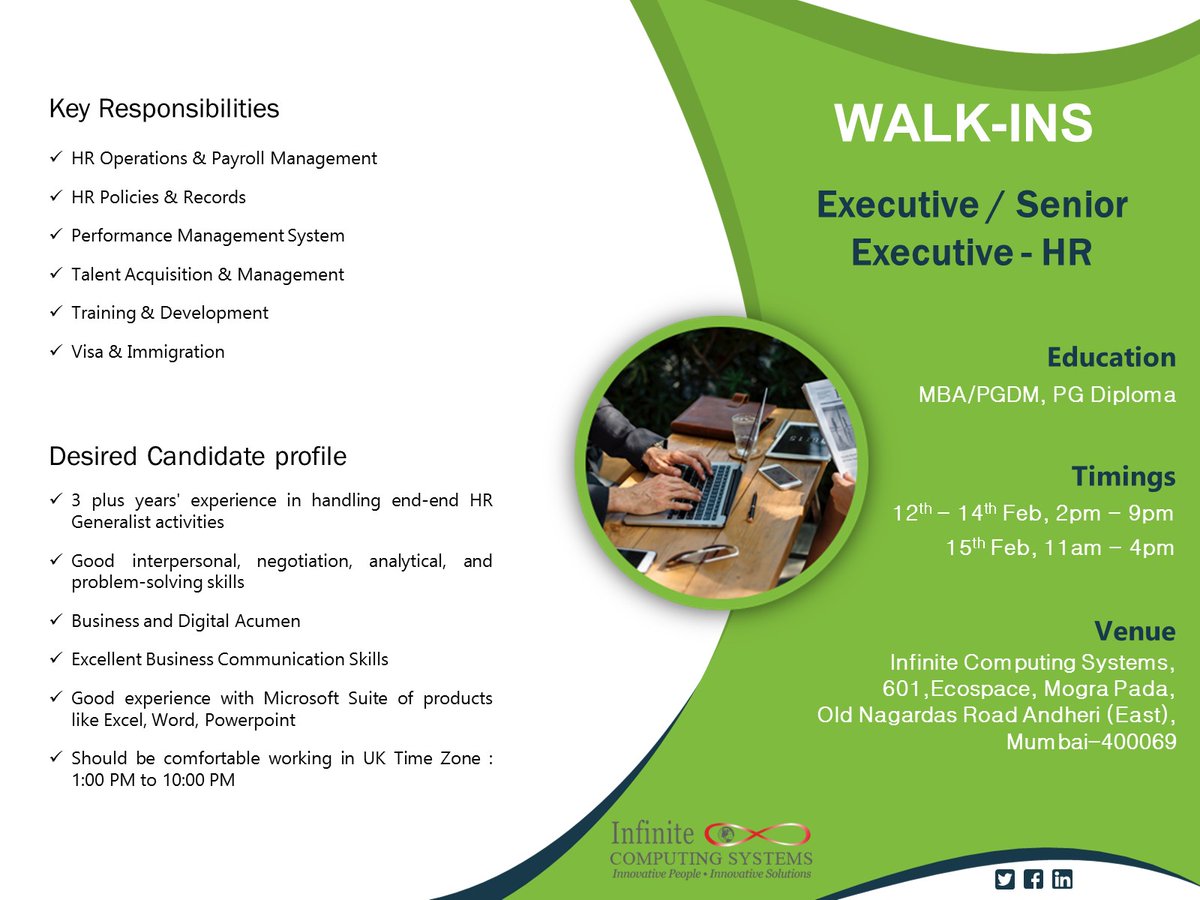InfiniteCS97's tweet photo. Infinite Computing Systems is hiring Executive / Senior Executive - HR. Join our team today! WALK-IN Interviews: 12th Feb- 14th Feb, 2.00 pm- 9.00 pm and 15th Feb- 11.00 am- 4.00 pm
#TeamInfinite #InfiniteMumbai #walkins #recruitment #careeropportunities #hiring #jobsearch https://t.co/EXWVqb11rJ