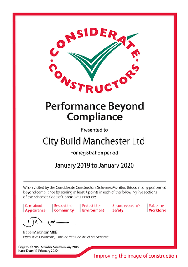Received our Performance Beyond Compliance certificate from Considerate Constructors today. The City Build team fully embraces it's responsibilities to the communities and environment we work in. This award is a testament to the efforts and dedication of our site and HQ staff.