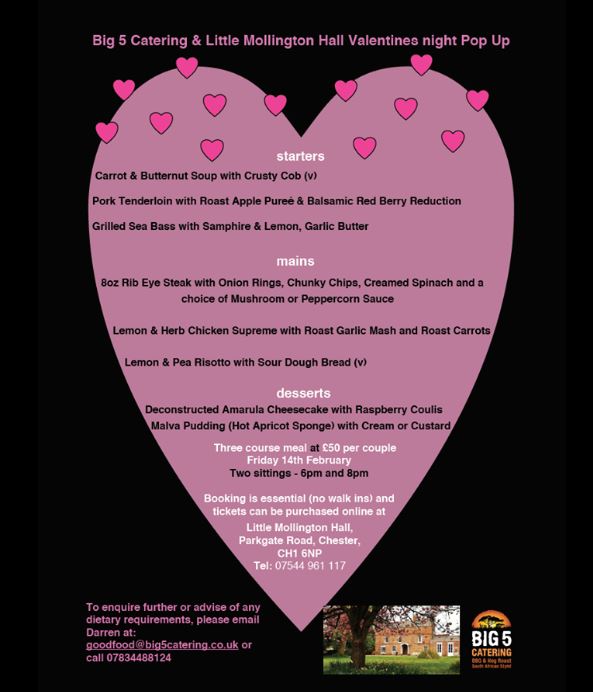 POP UP COLLABORATION ALERT
<a href="/big5catering/">Big 5</a> and Little Mollington Hall

If you are in Chester and haven't yet booked your Valentines meal out, CHECK THIS OUT.
Three course meal in a stunning Georgian House at £50 per couple.
Booking essential

tastecheshire.com/local-producer…
