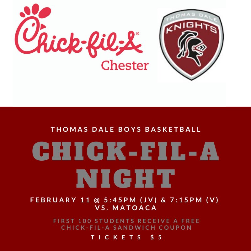 Ricky Talman (@thomasdaledsa) on Twitter photo Tonight is Chick-Fil-A night at The Castle!
🏀 Boys Basketball vs Matoaca
🏀 JV @ 5:45pm Varsity @ 7:15pm
🎟 $5
🔥First 100 TD students get a FREE chicken sandwich coupon!
<a href="/GoTDKnights/">Thomas Dale HS</a> <a href="/ThomasDaleBball/">Thomas Dale Boys Basketball</a> <a href="/TDStudntSection/">TDStudentSection🎉</a> Tonight is Chick-Fil-A night at The Castle!
🏀 Boys Basketball vs Matoaca
🏀 JV @ 5:45pm Varsity @ 7:15pm
🎟 $5
🔥First 100 TD students get a FREE chicken sandwich coupon!
<a href="/GoTDKnights/">Thomas Dale HS</a> <a href="/ThomasDaleBball/">Thomas Dale Boys Basketball</a> <a href="/TDStudntSection/">TDStudentSection🎉</a>