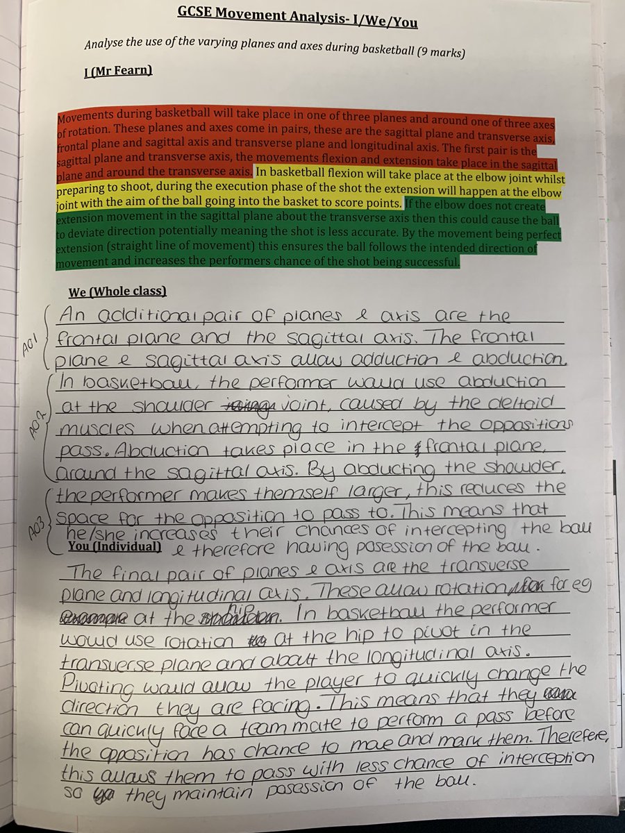 Year 11 GCSE PE yesterday attempting a 9 mark exam question. Support was provided by using the ‘I/We/You’ resource. The standard of answers produced was fantastic and students were happy to be able to answer a really difficult question on their least favourite topic. #AQA #PE