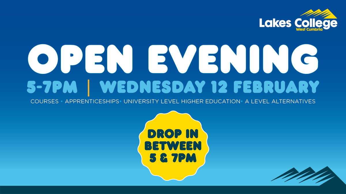 lakescollege's tweet photo. DON'T FORGET - our Open Evening is happening tomorrow! 👍

If you're taking your GCSEs this year or next, come along and have a look around our facilities and course areas.

Speak to our team and see what we can offer you..

Find out more info here: https://t.co/iiu5nM73vS https://t.co/tns49weolE